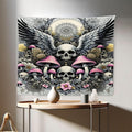 Ambesonne Gothic Tapestry, Blushy Mushrooms and Wingy Skull with Lace and Cactus Flowers Art Boho, Fabric Wall Hanging Decor for Bedroom Living Room Dorm, 28" X 23", Pink Grey Yellow Mustard