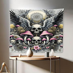 Ambesonne Gothic Tapestry, Blushy Mushrooms and Wingy Skull with Lace and Cactus Flowers Art Boho, Fabric Wall Hanging Decor for Bedroom Living Room Dorm, 28" X 23", Pink Grey Yellow Mustard