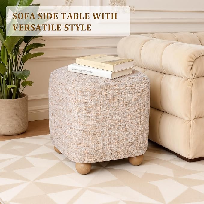 Cube Pouf Ottoman with Wooden Leg,Chenille Fabric Vanity Stool-Upholstered Floor Chair,Square Footstool Pouf with Acacia Wood Frame(500Lbs),Small Coffee Table Ottoman for Living Room