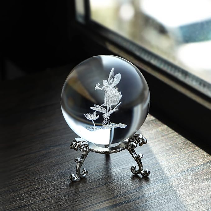 HDCRYSTALGIFTS 2.3in 3D Laser Crystal Fairy with Dragonfly and Lotus Figurines Crystal Ball Paperweight with Stand Base - 3D Engraving Glass Full Sphere Wedding Gift Home Decor