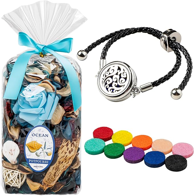 Potpourri Bag & Essential Oil Bracelet Set, Ocean Breeze Scent Potpourri Summer Bowl Filler, Beach Coastal Decor + Aroma Diffuser Stainless Bracelet, Women Gifts on Birthday, Christmas -Blue