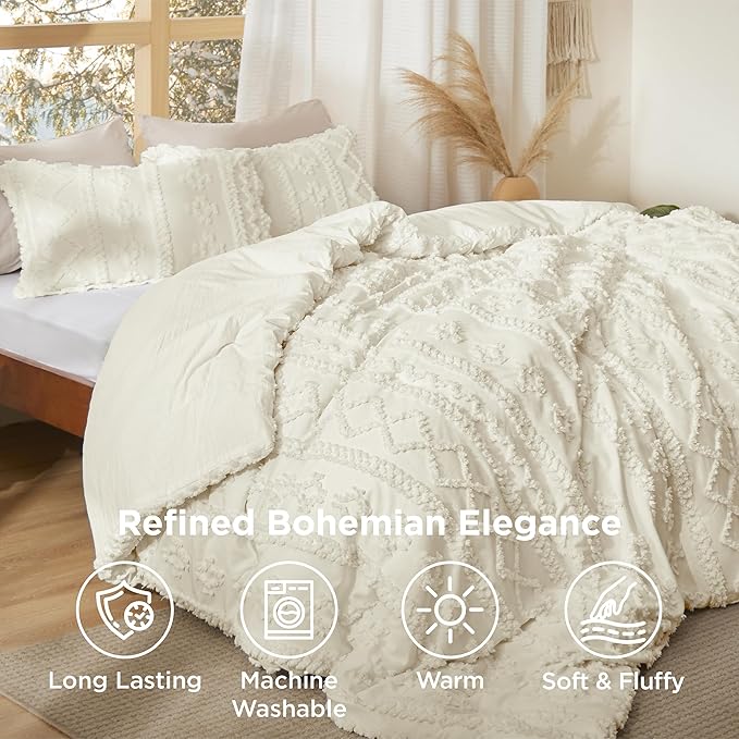 Bedsure Tufted Boho Comforter Set Oversized Queen - Ivory Boho Bed Set, GentleSoft™ 3 Pieces Farmhouse Shabby Chic Embroidery Bedding, Gifts for Woman, Soft Jacquard Comforter for All Seasons