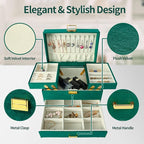 Dajasan Jewelry Organizer Box, Large Velvet Jewelry Boxes for Women Girls, Compact 3 Layers Jewelry Storage Case with Drawer, Movable Metal Stand, Modern, Gift Idea (Green)