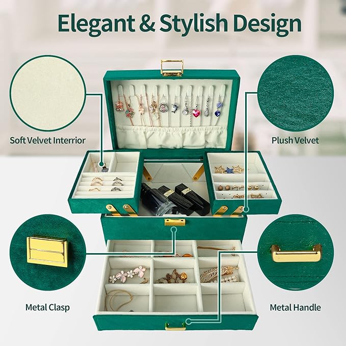Dajasan Jewelry Organizer Box, Large Velvet Jewelry Boxes for Women Girls, Compact 3 Layers Jewelry Storage Case with Drawer, Movable Metal Stand, Modern, Gift Idea (Green)