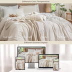 MooMee Striped Duvet Cover Set 100% Washed Cotton Linen Like Textured Breathable Durable Soft Comfy (White Almond Milk Grey Wide Stripes, Super King Plus 120"x120")
