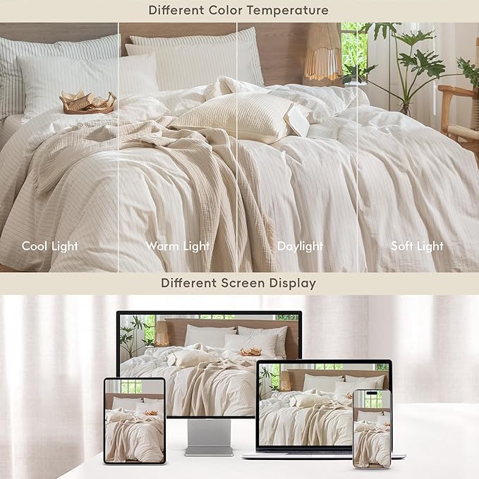 MooMee Striped Duvet Cover Set 100% Washed Cotton Linen Like Textured Breathable Durable Soft Comfy (White Almond Milk Grey Wide Stripes, Super King Plus 120"x120")