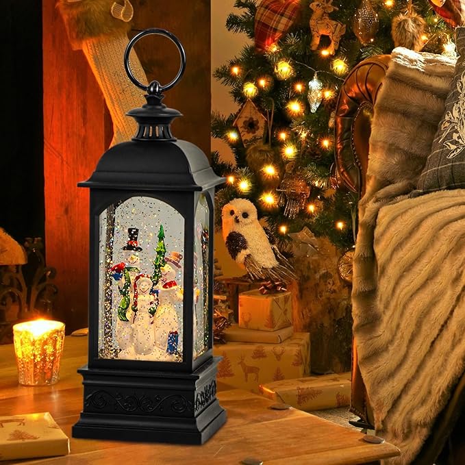 Eldnacele Snowman Music Snow Globe Lantern with 6 Hour Timer, Battery Operated & USB Powered Singing Lighted Lamp Swirling Water Glittering Christmas Decoration Holiday Decor Lantern