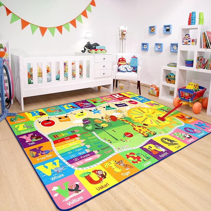 Chicrug Educational Kid Area Rug for Playroom, 5x7 Feet TPR Non Slip Kids Classroom Carpet Rug for Learning ABC Animal, Shape Color Fruit, Washable Play Mat Rug for Children Nursery Toddler Room Decor