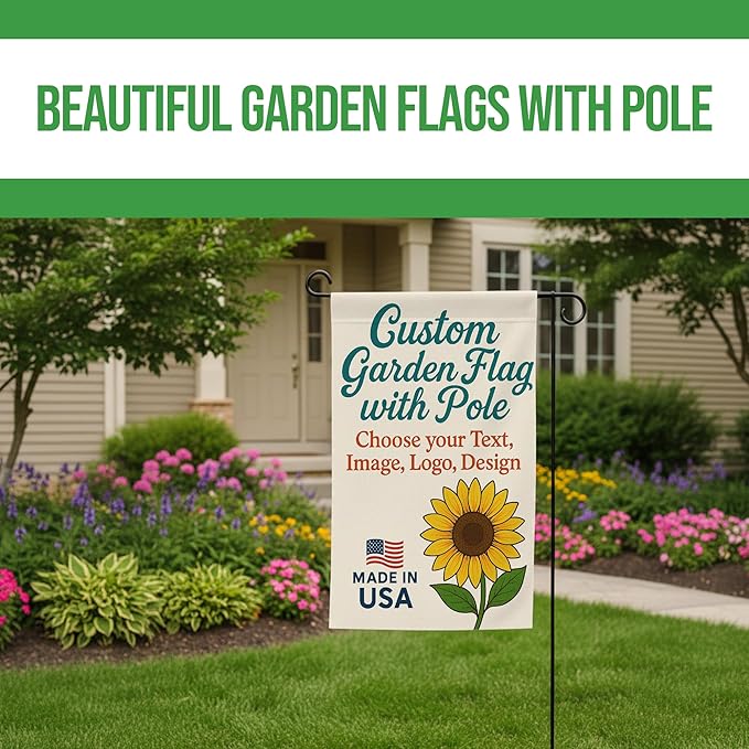 Custom Garden Flag with Pole Stand by BCB – Personalized Outdoor Garden Flags | Double-Sided Yard Flag with Stand | Decorative Seasonal Garden Flag Holder Set – 12”x18” | Made in USA