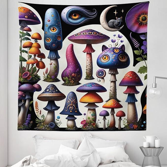 Ambesonne Hippie Tapestry Queen Size, Psychedelic Dream of Trippy Mushroom Scene with Eyes and Cat Face Fantasy, Wall Hanging Bedspread Bed Cover Wall Decor, 88" X 88", Quartz Sea Blue Pearl