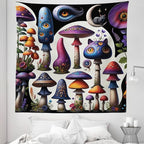 Ambesonne Hippie Tapestry Queen Size, Psychedelic Dream of Trippy Mushroom Scene with Eyes and Cat Face Fantasy, Wall Hanging Bedspread Bed Cover Wall Decor, 88" X 88", Quartz Sea Blue Pearl