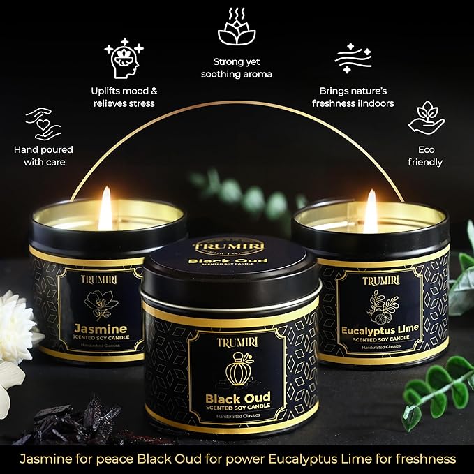 Candle Gift Set of 3 Black Oud|Jasmine|Eucalyptus Lime Highly Scented Soy Candels Natural Non Toxic Velas Aromáticas Favors for Women Coworkers Friends Guests Also for Fall Diwali Christmas Holidays