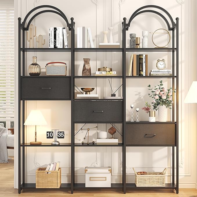 Semoic 83.5" Tall Arched Bookshelf, Triple Wide 6-Tier Large Open Book Shelf with 3 Drawers Storage, Etagere Bookcase with Display Shelf, Industrial Bookshelf with Metal Frame for Living Room, Black