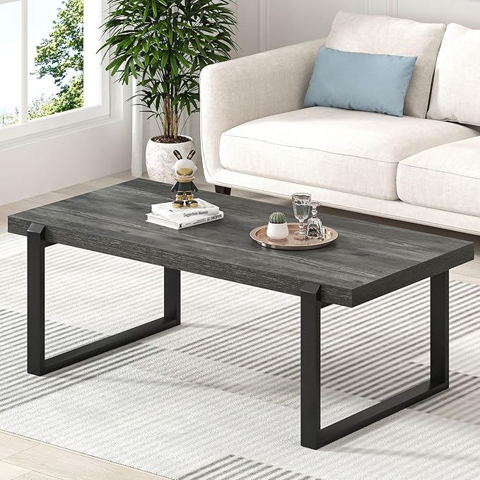 EXCEFUR Modern Coffee Table, Rustic Wood and Metal Center Table, Rectangle Cocktail Tea Table for Living Room, Grey, 44 Inch