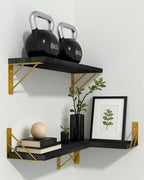BAYKA Wall Shelves for Bedroom Decor, Floating Shelves for Living Room Kitchen Storage, Mounted Rustic Wood Floating Shelves for Kids Books, Corner Shelves for Bathroom, Office(Black Gold,Set of 3)