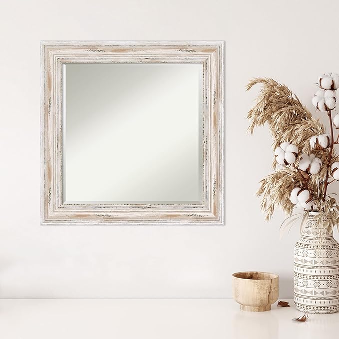 Amanti Art White Wall Mirror 25x25 Alexandria White Wash Square Bathroom Mirror for Wall Decor Living Room, Medium Cottage Wood Frame, Hangs Horizonally and Vertically, Bathroom Decor, Beveled Edge