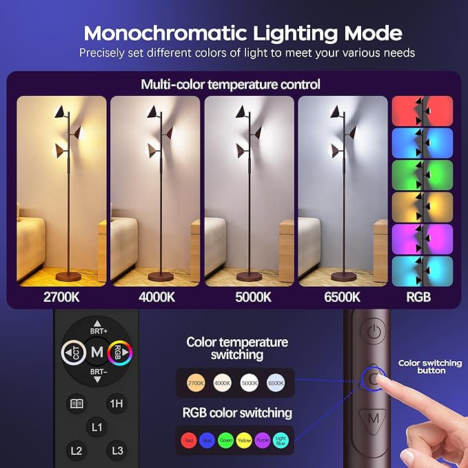 36W RGBCW Floor Lamp, Color Changing LED Tree Floor Lamp, Stepless Dimmable Tall Standing Lamp with Remote & Touch Control, 2700K-6500K Modern Floor Lamps for Living Room, Bedroom, Gaming Room - Brown