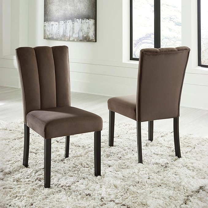Signature Design by Ashley Jazmore Contemporary Velvet Upholstered High Back Dining Chair with Solid Wood Frame and Stitching Details, Set of 2, Dark Brown