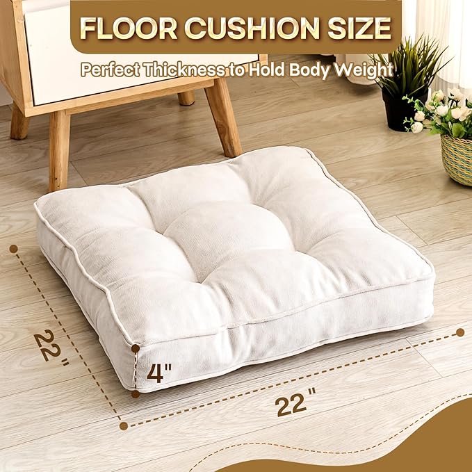 Floor Pillow Set of 2, Memory Foam Floor Cushions for Adults, Large Meditation Pillow for Sitting, 22 x 22 Inches (Square | Beige)