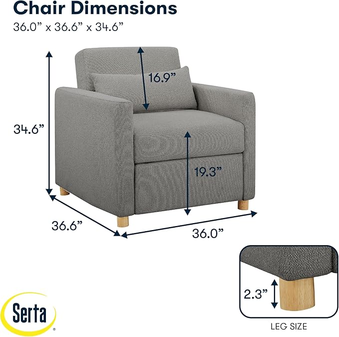 Serta® Corwin 36" Convertible Accent Chair, Dreamcoil® Comfort, FingerGuard® Pinch Point Protection, Polyester Boucle Fabric, Gray