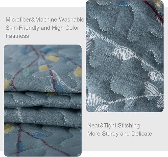 Exclusivo Mezcla Reversible Boho Quilts King Size, Blue Bedspreads Lightweight Coverlet All Season Flowers Quilt Bedding Set with Printed Floral Pattern (1 Quilt, 2 Pillow Shams)