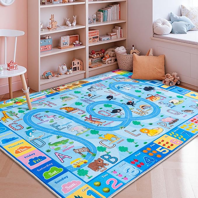 Kids Rugs Playmat for Bedroom Kids Room, Educational ABC Rug for Classroom, Non-Slip Washable Playroom Carpet for Boys Girls, Zoo Road Play Mat, 4x6 Blue