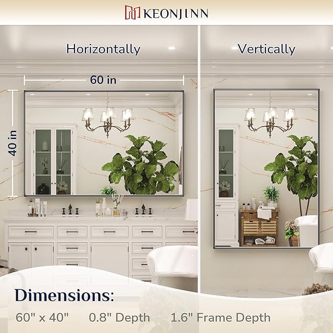 Keonjinn Black Mirror for Bathroom 60 x 40 Inch, Rectangular Matte Black Large Wall Vanity Mirrors, Metal Framed Rectangle Farmhouse Mirror, Modern Square Corner Framed Mirrors(Horizontal/Vertical)