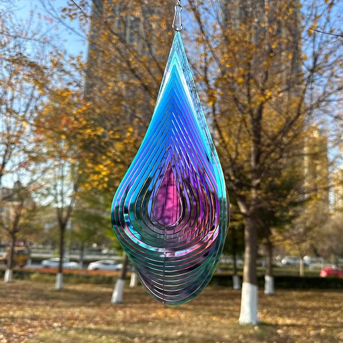 Wind Spinner Outdoor Metal 3D Wind Spinner Hanging Yard Garden Decor Gifts Stainless Steel Water Drop-Shaped Spinners with 360° Rotating Hook