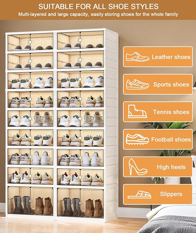 9 Tiers 18 Pairs Foldable Shoe Rack, Large Shoe Storage with Magnetic Clear Door, Easy Assembly and Freely Movable Shoes Organizer, Large Capacity Shoe Shelf for Living Room, Cloakroom, Entryway