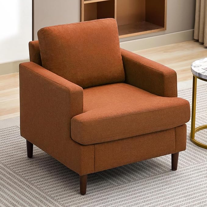 Mid-Century Accent Chair,Modern Linen Fabric Armchair for Living Room,Comfy Upholstered Reading Accent Chairs for Bedroom,Single Sofa Chair with Wood Legs (Orange, 1 Pack)