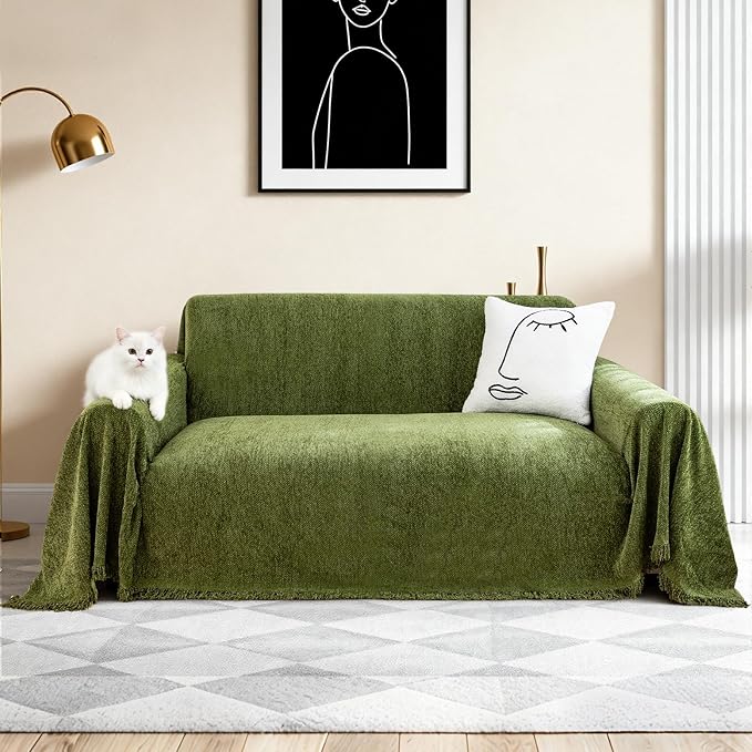 Couch Cover for Dogs, Non Slip Sofa Cover, Washable Couch Covers, 2 Cushion Sofa for Dogs Furniture Protector with Tassels Chenille Sofa Covers for Pets (Tassel Green, 71" x 102")