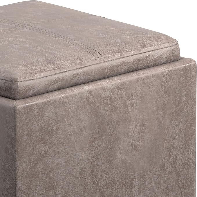 SIMPLIHOME Rockwood Cube Storage Ottoman with Tray - 17 inch Wide Upholstered Vegan Leather Square Storage Ottoman in Distressed Grey Taupe, Contemporary Cube Ottoman for Living Room with Serving Tray