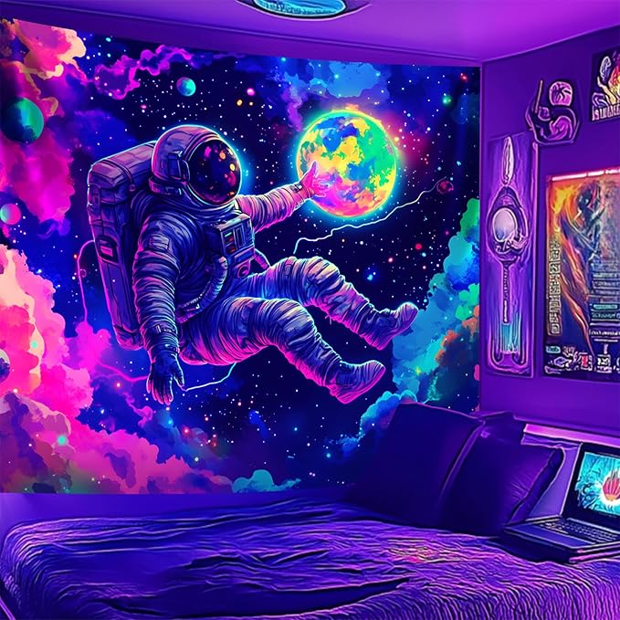 NYZE Tapestry for Bedroom Astronaut Space, Black Light Tapestry Room Decor Wall Tapestries, Cool Galaxy Planet Wall Hanging, Wall Hanging for Men Guys Gamer Room Dorm Living Room 79in×59in