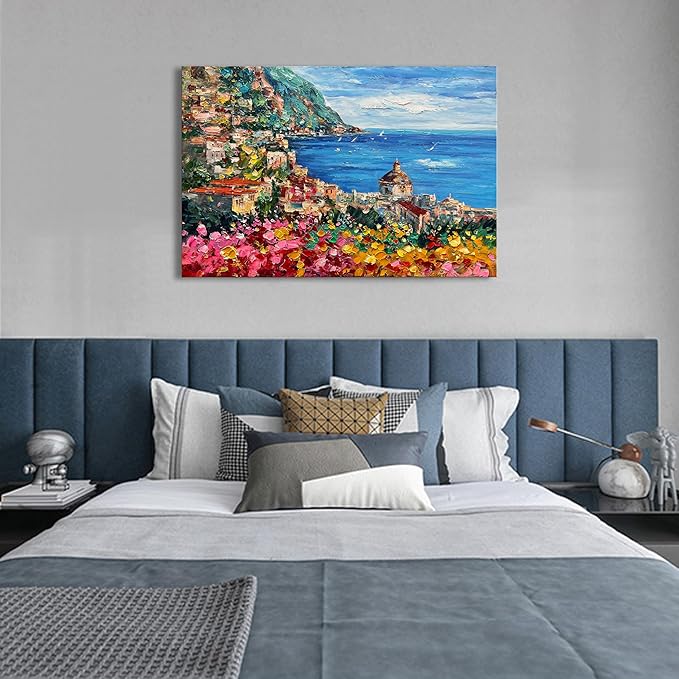 Art Hand Painted Seaside Town Landscape Oil Painting Modern Abstract Art Home Wall Deco Art 30x45 inches