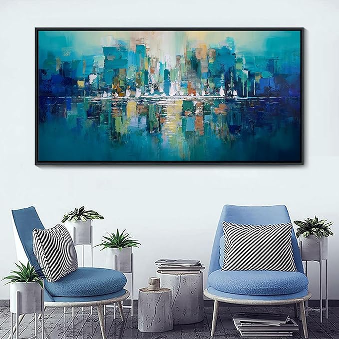 Large City view Painting Wall Art Abstract Picture for Living Room green and Yellow Home Bedroom Decoration Modem Wall Art Framed Artwork Decor 29x58