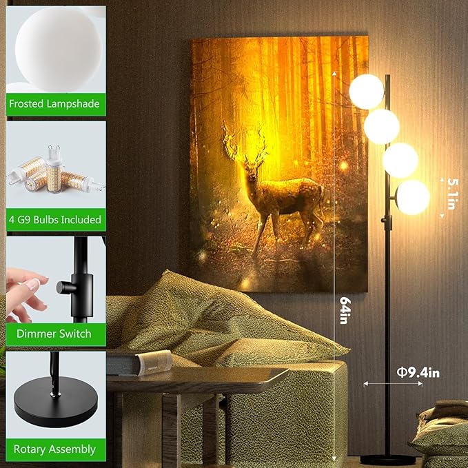 Black Globe Floor Lamp Dimmable 64IN Tall Standing Lamps with Soft Warm White Eye Care 3000K G9 Bulbs, Mid Century Modern Floor Lamp for Living Room Bedroom