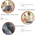 Codi Meditation Floor Pillow Set of 2, Large Pillows Seating for Adults and Kids, Bohemian Cushion for Fireplace Yoga Living Room Sitting, Memory Foam Added, 22x22 Inch Indigo Elephant