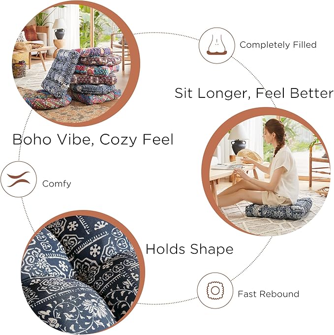 Codi Meditation Floor Pillow Set of 2, Large Pillows Seating for Adults and Kids, Bohemian Cushion for Fireplace Yoga Living Room Sitting, Memory Foam Added, 22x22 Inch Indigo Elephant