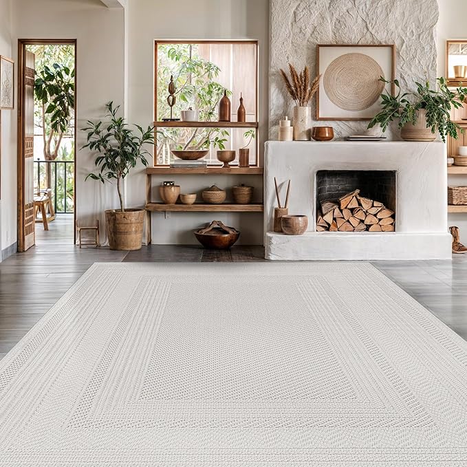 Micro Loop Indoor Rug White 6x9 Boho Geometric Neutral Area Rugs for Living Room Soft Luxury Modern Low and High Pile Durable Stain Resistant Non-Shedding Indoor Area Carpet 6 x 9