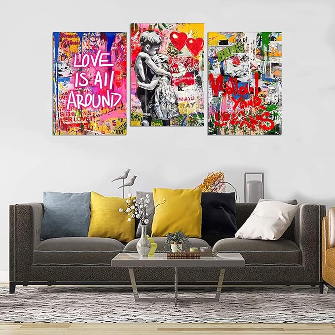 Novatique Colorful Graffiti Canvas Wall Art Street Banksy Wall Art Modern Street Teen Pictures Ready to Hang Banksy Graffiti Posters for Bedroom Living Room, 20”x 28”x 3Pcs