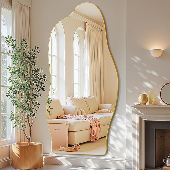 Antok Full Length Mirror, 76"x36" Floor Mirror with Stand, Standing Hanging Leaning Irregular Mirrors for Bedroom Living Room Entryway, Cloud Shaped, Golden