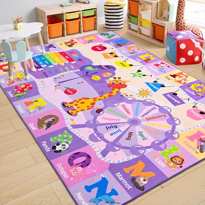 Chicrug Educational Kid Area Rug for Playroom, 6x9 Feet TPR Non Slip Kids Classroom Carpet Rug for Learning ABC Animal, Shape Color Fruit, Washable Play Mat Rug for Children Nursery Toddler Room Decor