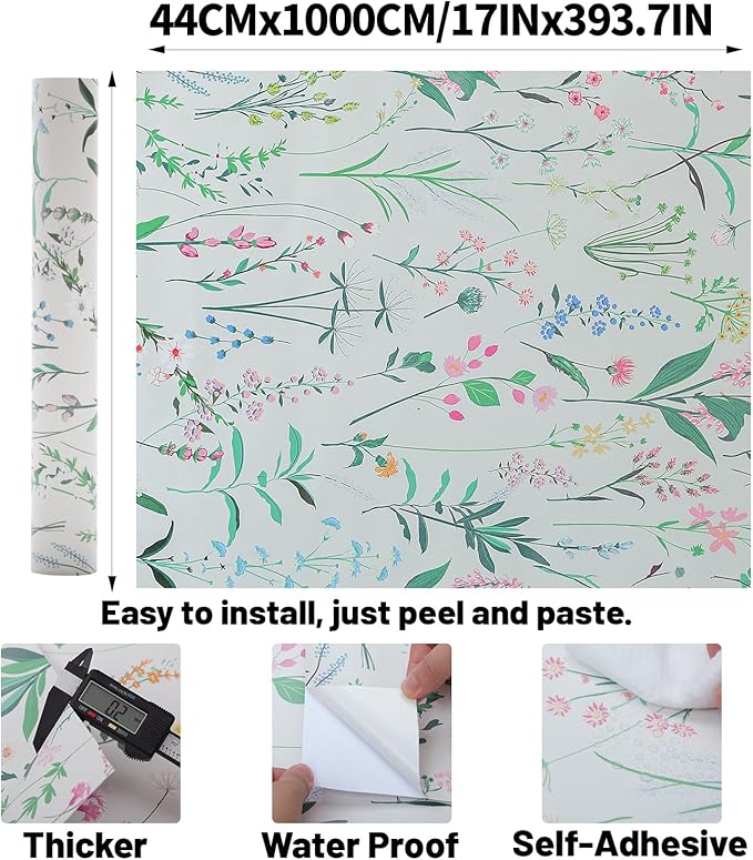 Spring Floral Wallpaper - Peel & Stick Self-Adhesive (17.5" x 393.7"), Vintage Flower Vinyl Contact Paper for Cabinets, Removable Wall Covering for Kitchen, Bathroom & Home Decor