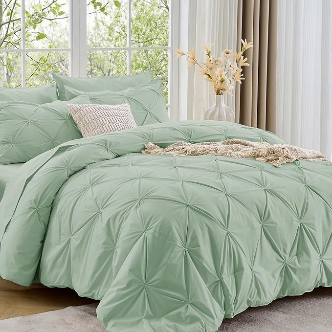 Sasttie Twin Comforter Set, 5-Piece Bed in a Bag, Pintuck Bedding Set for All Season, Includes Comforter, Flat Sheet, Fitted Sheet, Pillowcase and Pillowsham, Sage