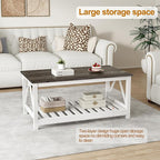 Farmhouse Coffee Table, White OakCoffee Table for Living Room, 2-Tier Rectangular Wooden Centre Cocktail Table with Slats Shelf Storage and V-Shaped Frame Modern Coffee Table Dark Oak