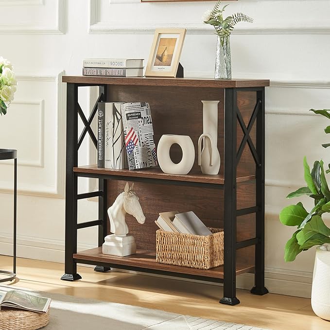 HOMBAZAAR 3-Tier Small Bookshelf, 29.5 Inch Short Book Shelf with Sturdy Metal Frame & Wood Shelves, Rustic Brown Industrial Bookcase for Living Room, Bedroom, Office