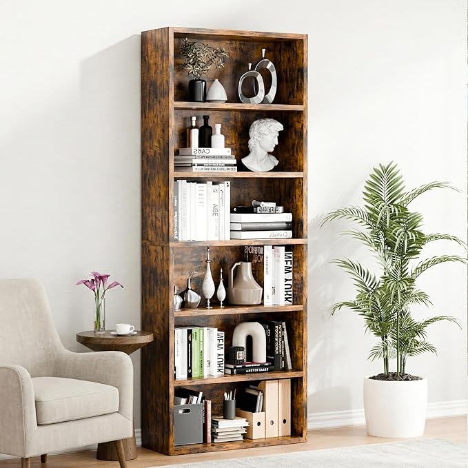 6-Tier Industrial Bookcase, 63" Tall Freestanding Wood Bookshelf with Open Display Storage Shelves for Living Room, Bedroom, Home Office, Rustic Brown