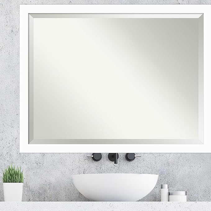 Amanti Art White Wall Mirror 33x43 Basic White Narrow Rectangle Bathroom Mirror for Wall Decor Living Room, X-Large Casual Wood Frame, Hangs Horizonally and Vertically, Bathroom Decor, Beveled Edge