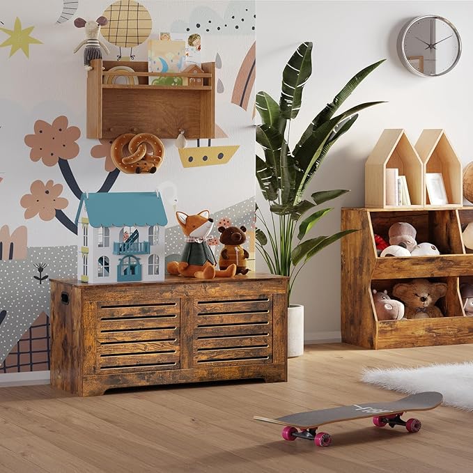DINZI LVJ Storage Chest, 43.3” Wooden Toy Box with 2 Safety Hinges, Retro Entryway Shoe Storage Bench with Flip-Top, Sturdy Large Storage Trunk for Living Room, Bedroom, Easy Assembly, Rustic Brown