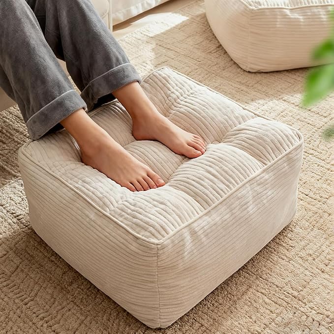 Square Pouf Ottoman, Boho Stuffed Poufs Ottoman with Memory Foam Filled 21.6 x 15.7 inches Modern Corduroy Foot Rest Stool for Living Room, Beige